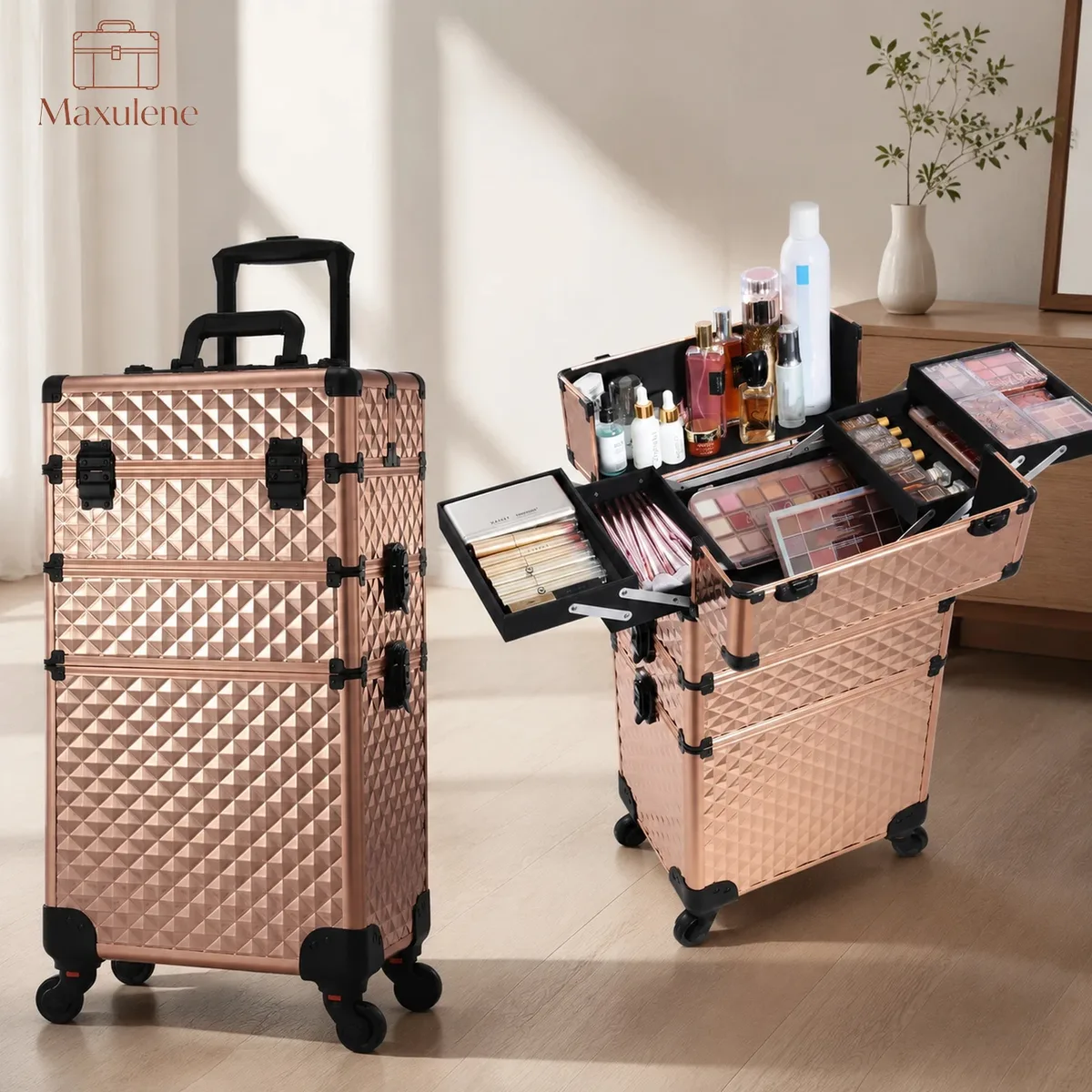 Valise de maquillage 3-en-1 à cadre en aluminium, avec 4 plateaux, sur roulettes, portable, pour cosmétologie, coiffure et outils de manucure, avec organisateurs de rangement