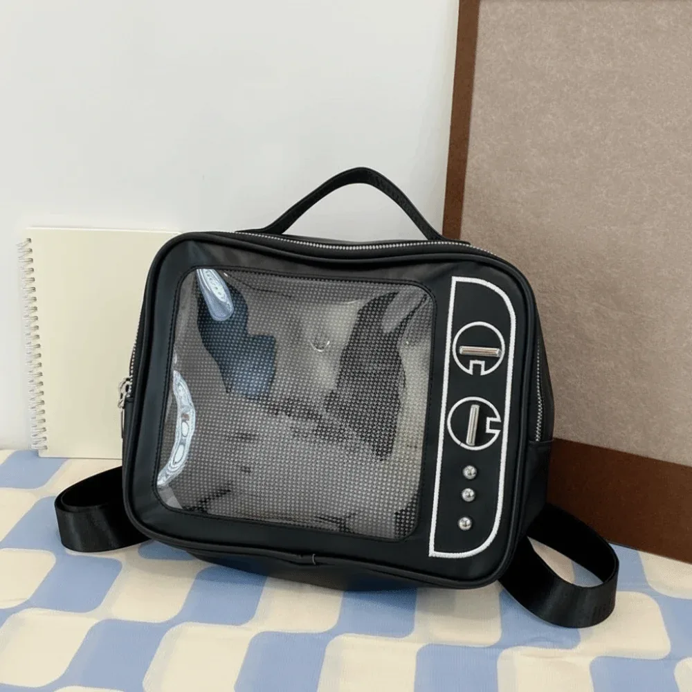 sac à dos tendance en pu style tv, léger, avec compartiment transparent, sac ita grande capacité, sac à bandoulière lolita