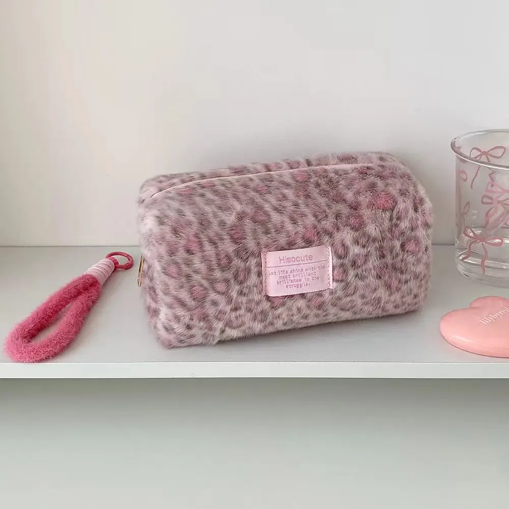 sac de maquillage d'écolière imprimé léopard de couleur rose en peluche, grand fourre-tout cosmétique pour femmes, mignon, portable, organisateur de transport à main de voyage