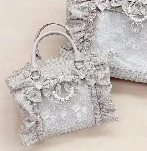 sac à main en dentelle à volants pour femmes et filles, sacoche de style japonais, fourre-tout carré avec nœud papillon en perles, sacs à main portables initiés