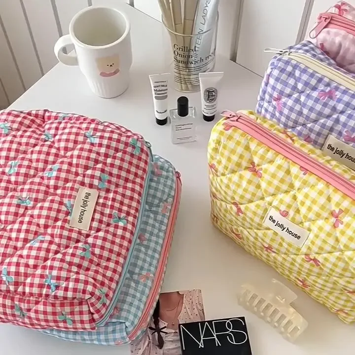 trousse de maquillage matelassée à carreaux avec nœud, grande capacité, pour pinceaux et soins de la peau, sac de voyage cosmétique