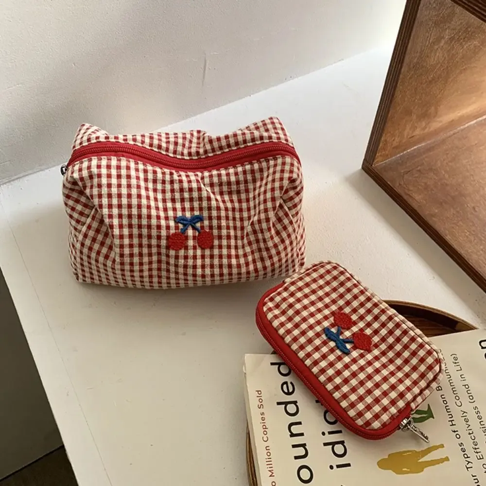 sac de maquillage portable en coton à carreaux, pochette multifonctionnelle, trousse à cosmétiques cerise, porte-cartes, sac de rangement de voyage en tissu