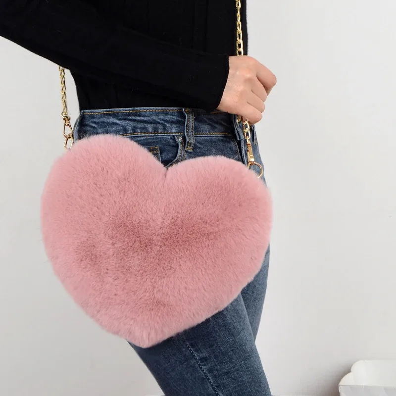 sacs à main en forme de cœur pour femmes, jolis sacs à bandoulière en fausse fourrure, sac à bandoulière en peluche douce avec chaîne, fourre-tout de shopping