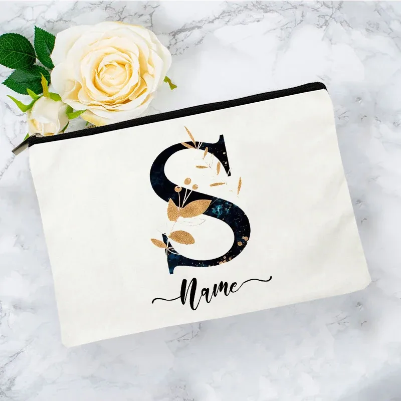pochette organisatrice en toile noire et or de luxe avec initiales, sac de voyage pour cosmétiques, cadeau de toilette d'anniversaire avec nom personnalisé
