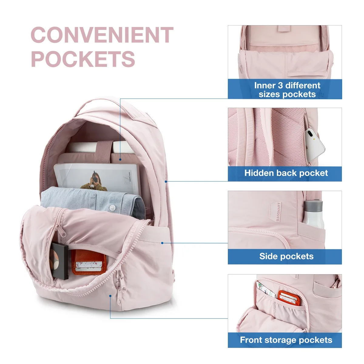 sac à dos bagsmart pour femmes, sac pour ordinateur portable 13 pouces, sac à dos scolaire mignon kawaii, antivol, imperméable, en nylon, pour filles