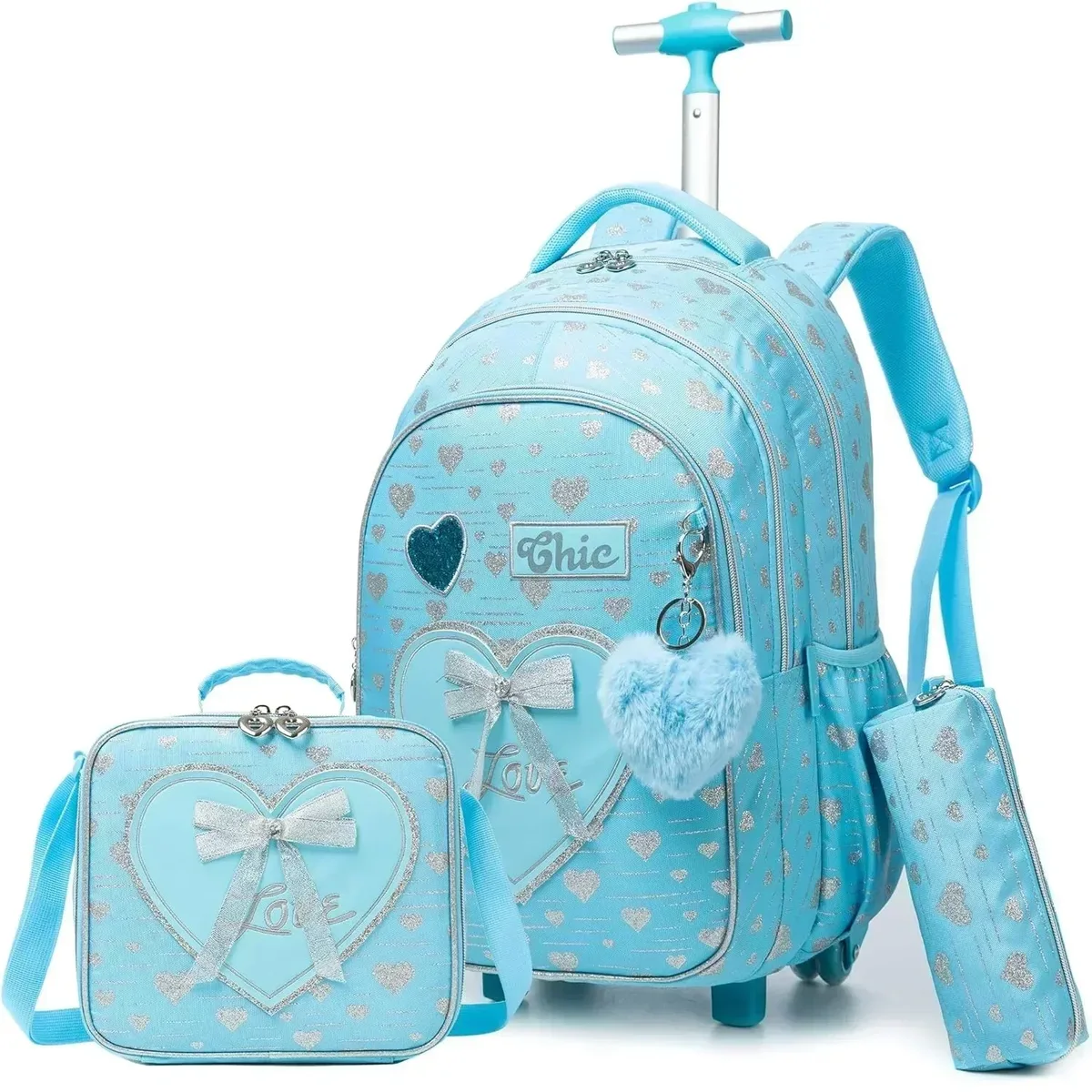 sac dos polyester toile dessin animé bleu pastel coeurs dorés love scolaire transport voyage filles