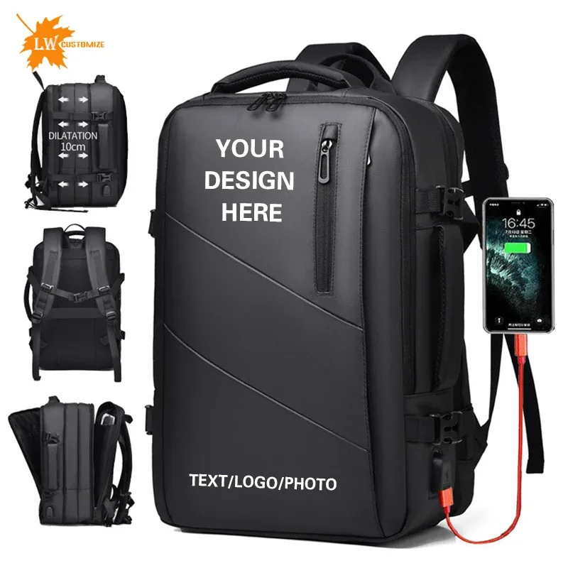 sac à dos pour ordinateur portable avec logo personnalisé pour hommes, 17 pouces, multi-poches, extensible, étanche, pour l'école, voyage d'affaires, impression