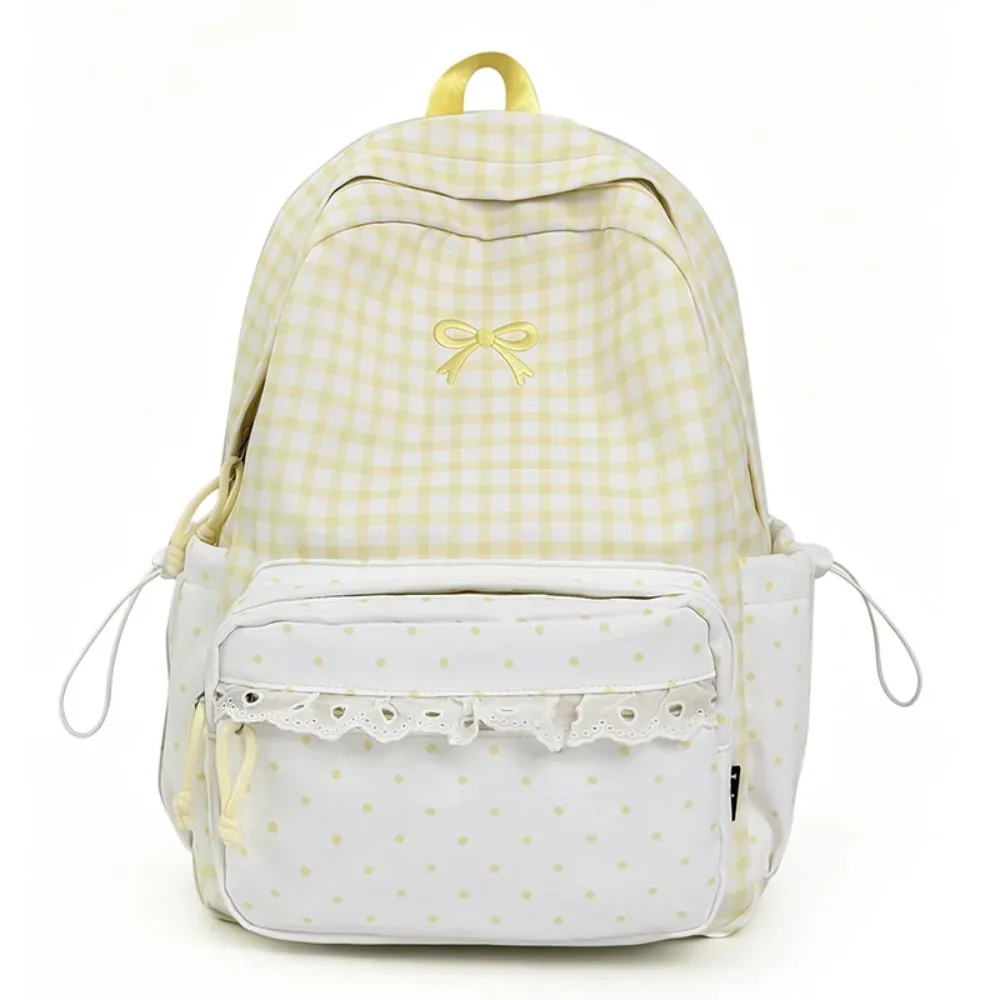 sac à dos mignon à pois avec nœud et garniture en dentelle à carreaux, durable, design nœud, pour étudiants et trajets quotidiens