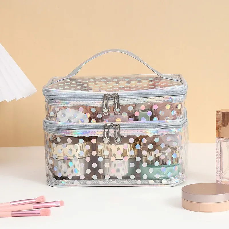 trousse de maquillage double couche en pvc transparent à pois, trousse de maquillage multifonctionnelle portable et étanche, grande capacité, rangement de voyage