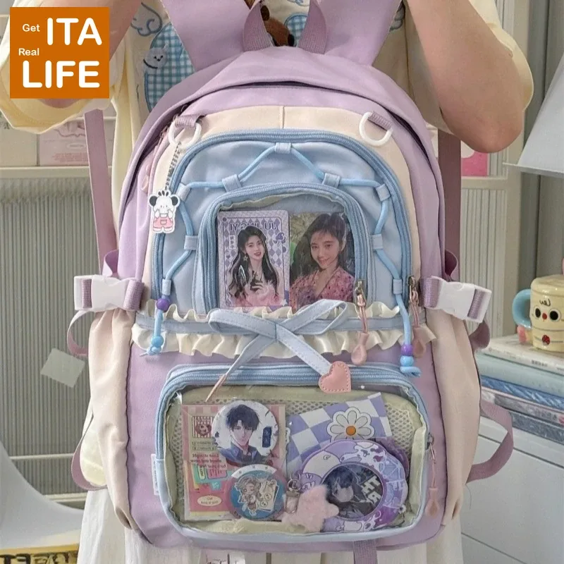 sac à dos ita transparent italife dopamine kawaii anmie pour femmes, avec présentoir pour épingles et badges, grand sac ita mignon en forme de cœur avec nœuds, style lolita h259