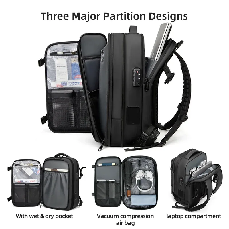 sac à dos de voyage pour homme avec pompe de compression à un clic, sac à dos pour ordinateur portable, randonnée, affaires, 17 pouces, sac à dos scolaire extensible
