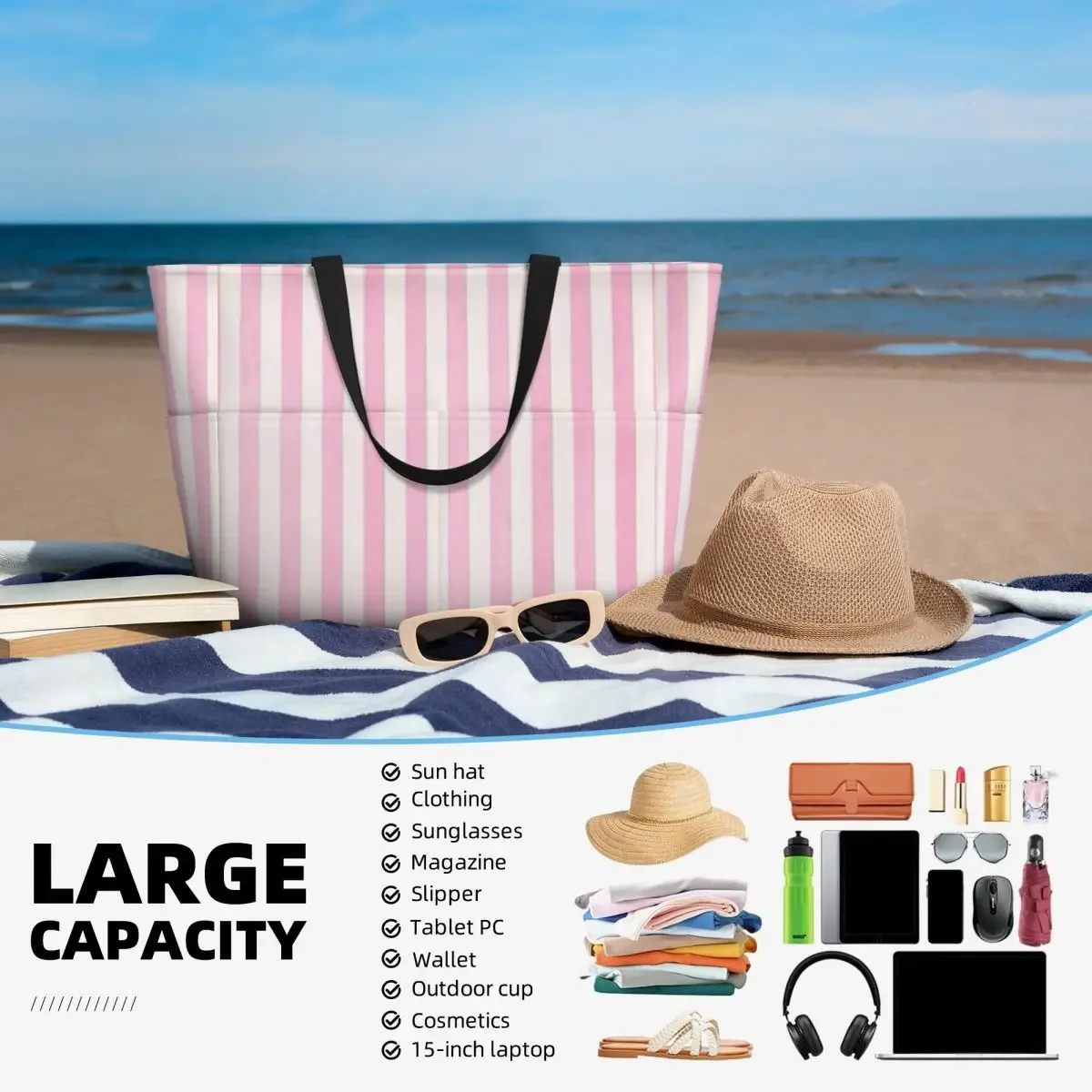 sac fourre-tout de plage à rayures blanches et rose pâle, sac de sport, de yoga, grand sac fourre-tout pour femmes, sac de voyage, sac de fitness