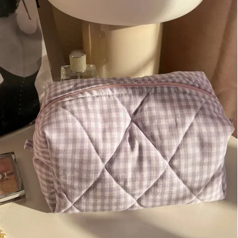 sac de maquillage à fleurs à carreaux, sac de rangement de cosmétiques portable de grande capacité, sac de lavage matelassé en coton, pochette de soins de la peau