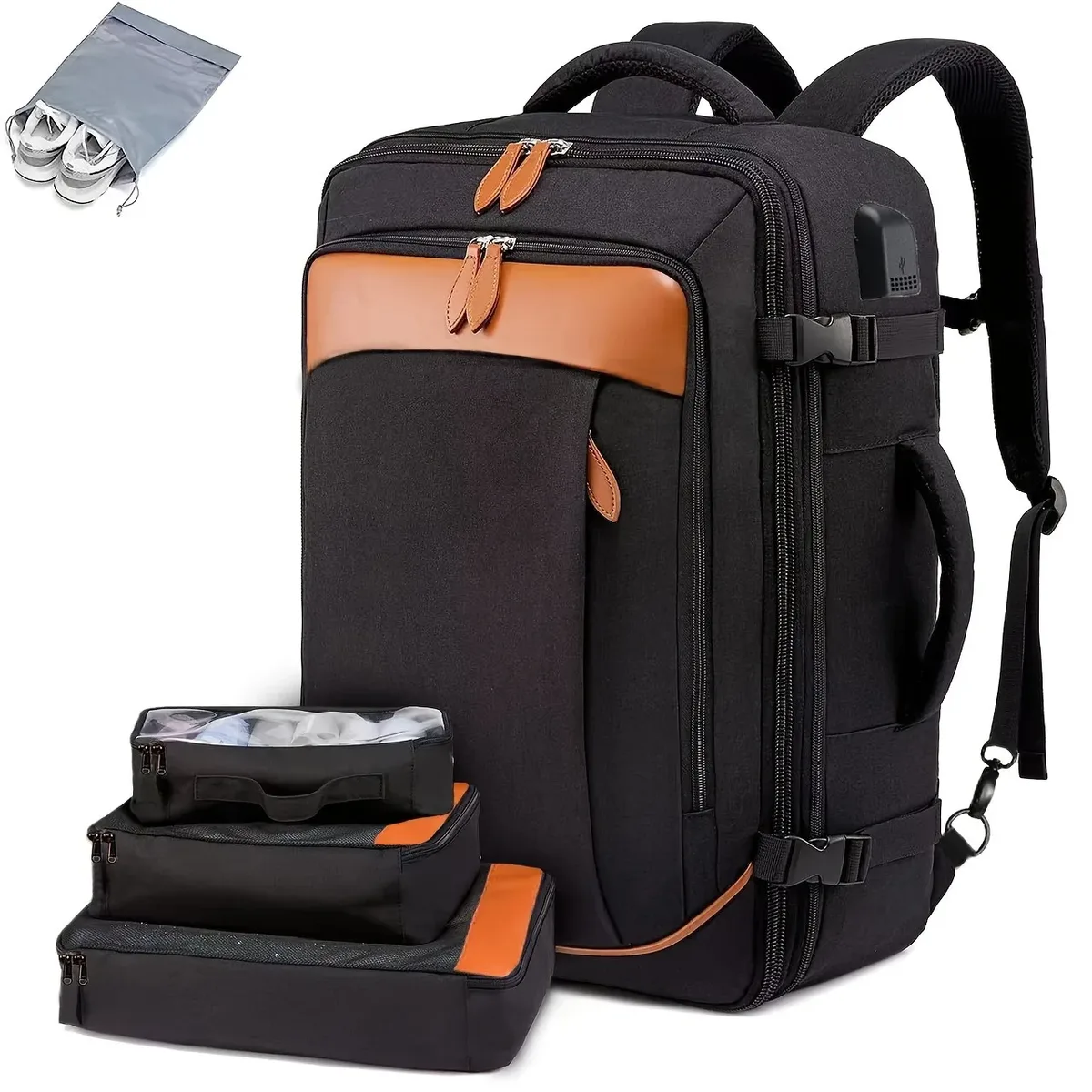 sac à dos de voyage, sac à dos de voyage approuvé par les compagnies aériennes avec 3 cubes de rangement, sac de voyage extensible de grande capacité 40l pour ordinateur portable de 17,3 pouces, anti-vol