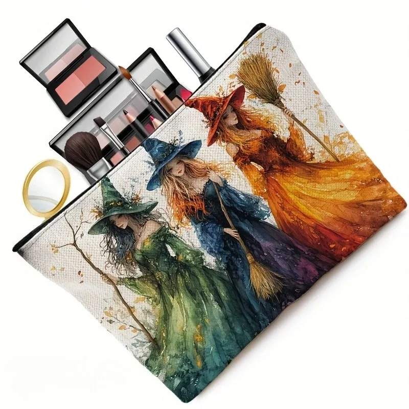 sorcières enchanteresse dans des robes vibrantes, trousse à cosmétiques, accessoires de voyage en polyester durable, trousse de maquillage, cadeaux d'halloween, trousse à crayons