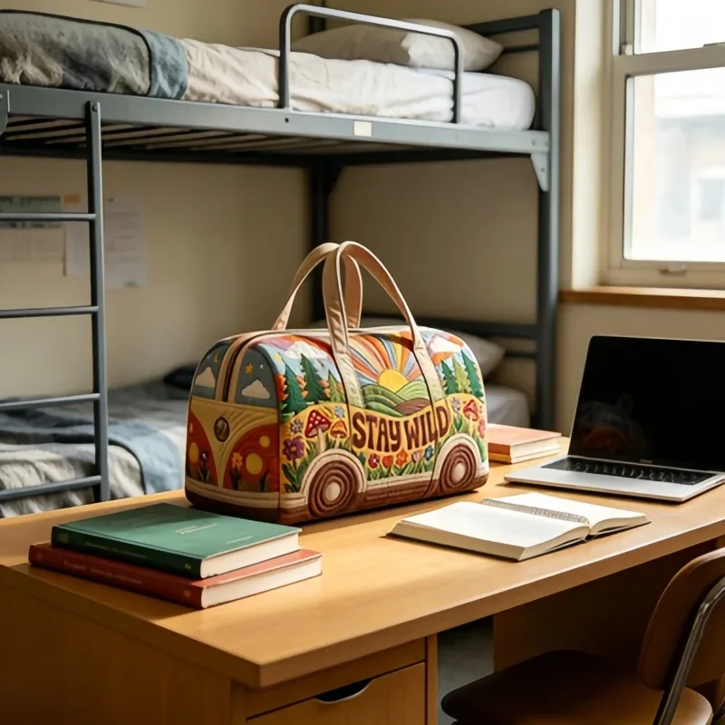 sac de voyage matelassé 3d style hippie, sac de voyage van « stay wild », sac de week-end style bohème pour voyage, gym, shopping
