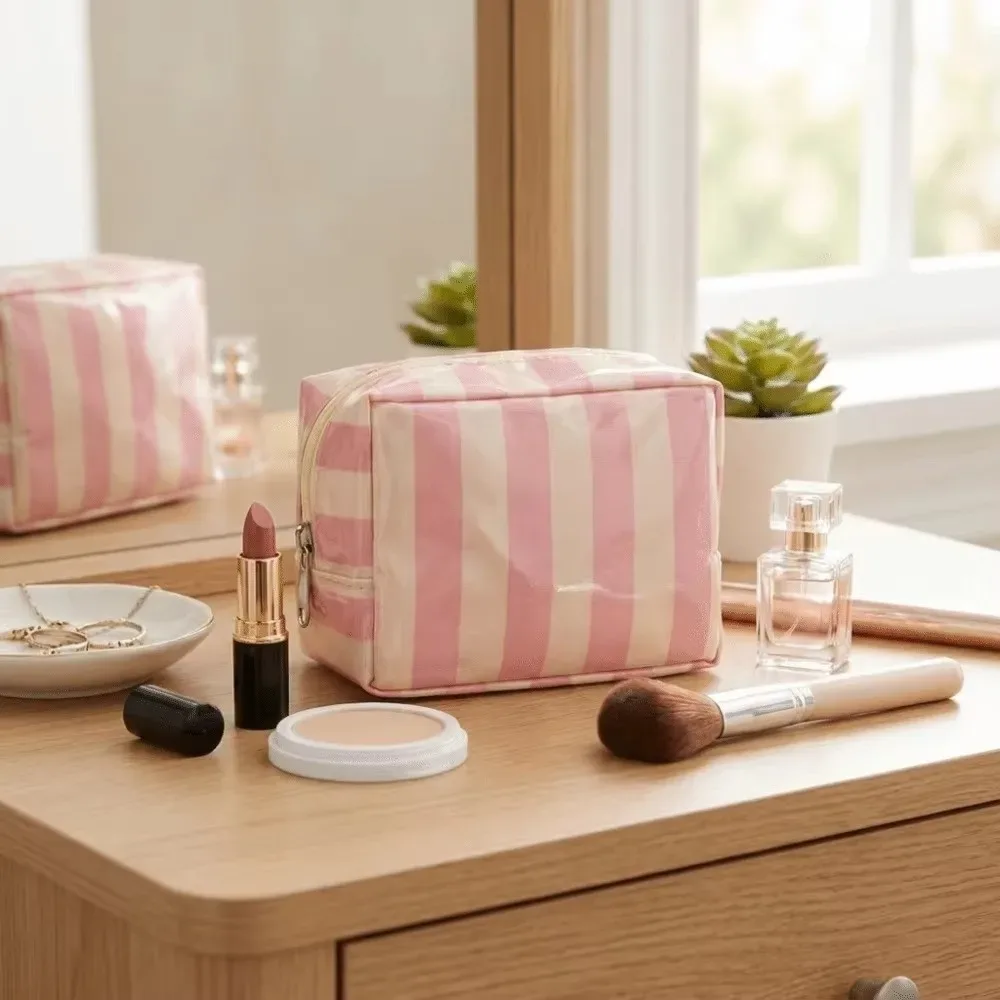 nouvelle trousse de maquillage de petite taille en pvc, design rayé, trousse de toilette légère, imperméable, pochette cosmétique pour les voyages