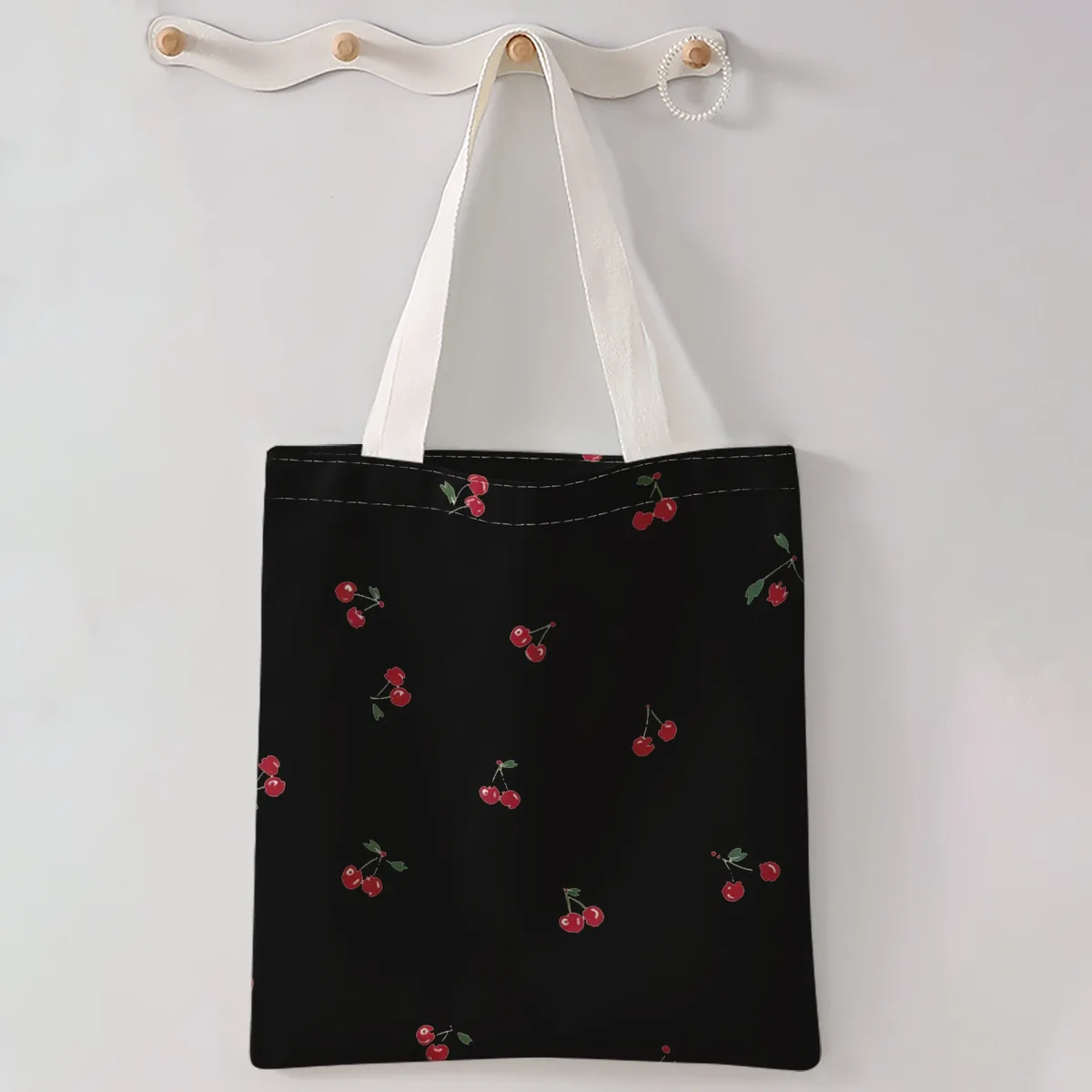 sac à main décontracté imprimé motif cerises, sac à dos réutilisable et tendance, sac à main multifonctionnel, sac de shopping en toile