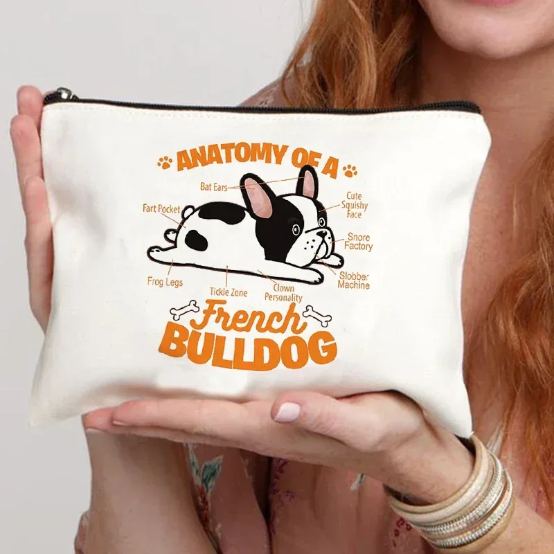trousse de maquillage en toile pour femme, trousse de toilette, valise professionnelle, impression de dessin animé, bouledogue français, drôle