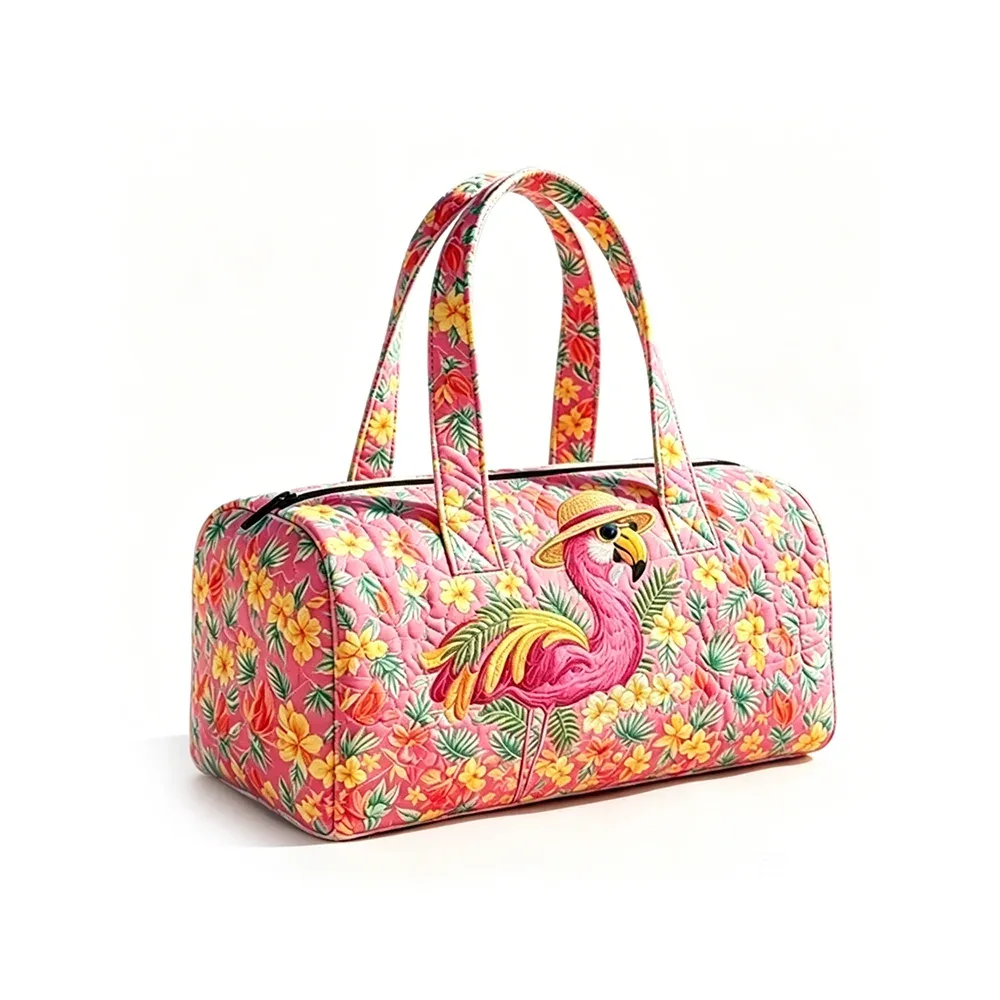 sac de voyage tropical motif ciel étoilé, imprimé flamants roses et palmiers, sac de nuit matelassé bleu marine pour femme, idéal pour les vacances d'été à la plage