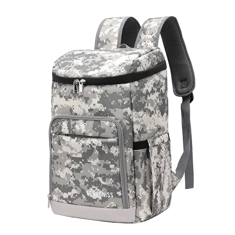 sac dos nylon bleu foncé motif camouflage thermique usage nourriture tissu résistant poche latérale zip fermeture éclair noire