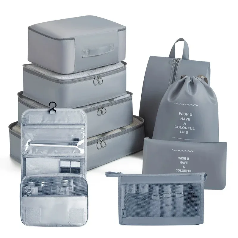 organisateur voyage polyester beige compartiments zippés poches intérieures cube sac compression chaussures pochettes housse vêtements