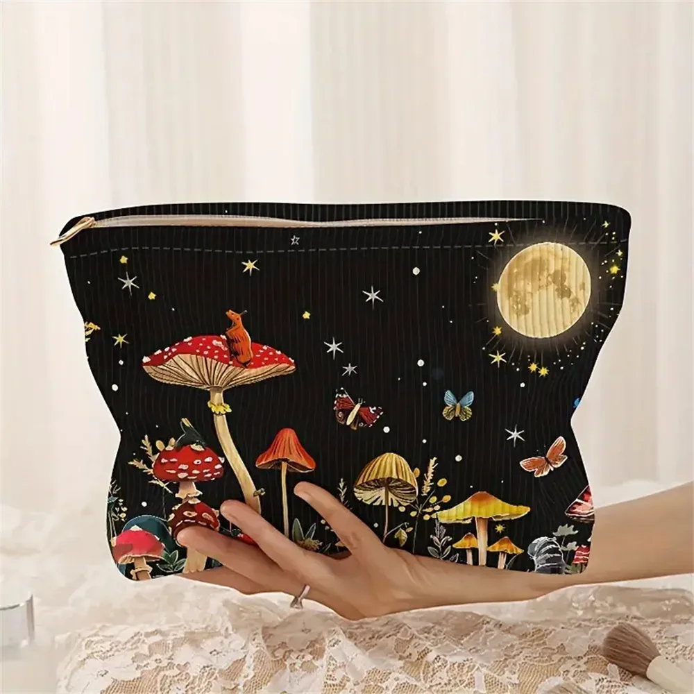 sac à cosmétiques en velours côtelé imprimé mignon, grande capacité, pochette de rangement de maquillage portable pour femmes et filles