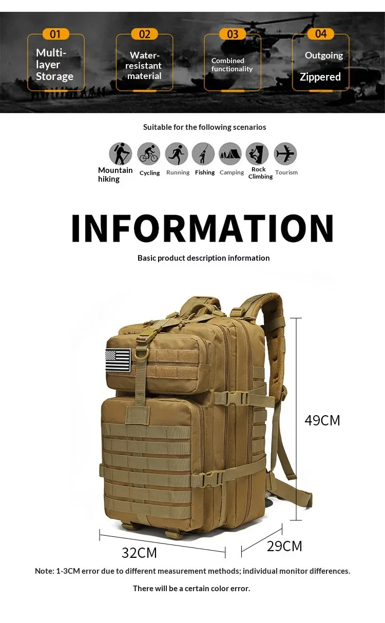 sac à dos tactique 45l, sac d'assaut tactique, sac de survie 3 jours, sac à dos de randonnée et de trekking