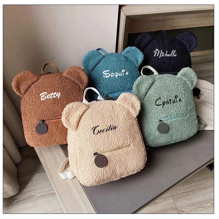 sac à dos personnalisé à motif d'ours pour femmes et filles, sac à dos en peluche pour tout-petits, nom personnalisé, petit sac à dos à bandoulière décontracté