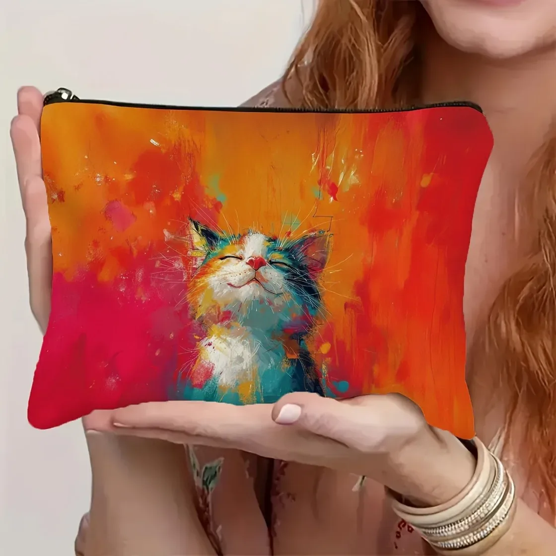 un sac de maquillage avec moustaches de chat heureux, sac à cosmétiques, organisateur de maquillage léger et pliable avec fermeture éclair pour sac de rangement de voyage