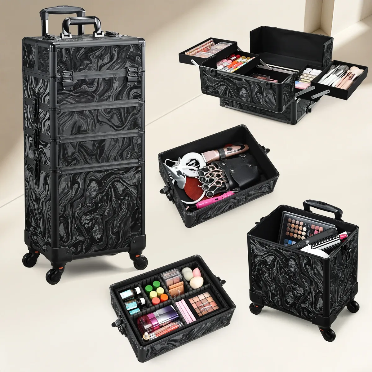Valise de maquillage roulante professionnelle 4-en-1 avec 4 plateaux, grande capacité, sur roulettes, pour cosmétiques, tatouage, ongles, vernis, avec clés