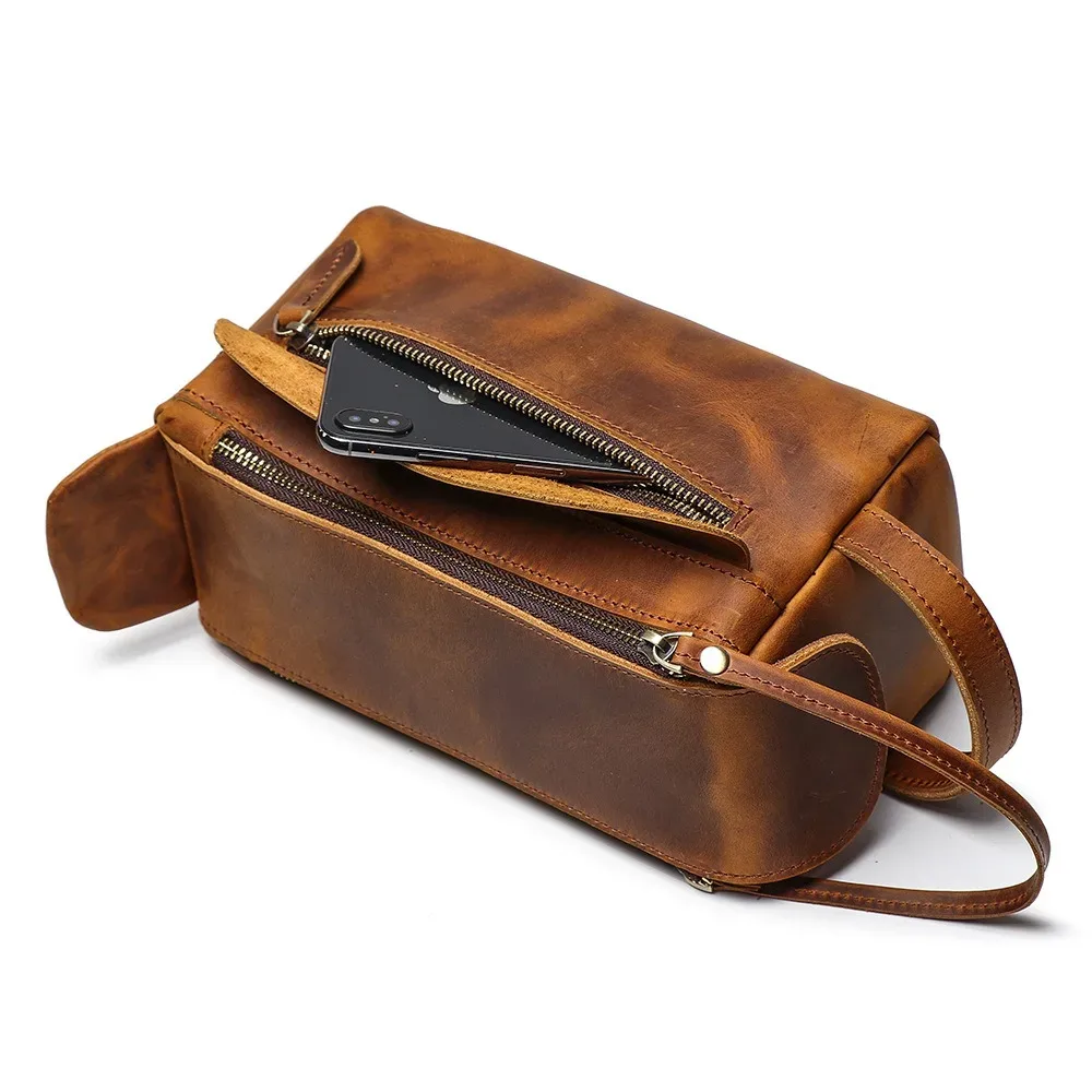 nesitu crazy horse – trousse de maquillage de voyage en cuir véritable pour hommes, étuis à cosmétiques vintage en cuir, rangement de lavage, trousse de toilette m30061