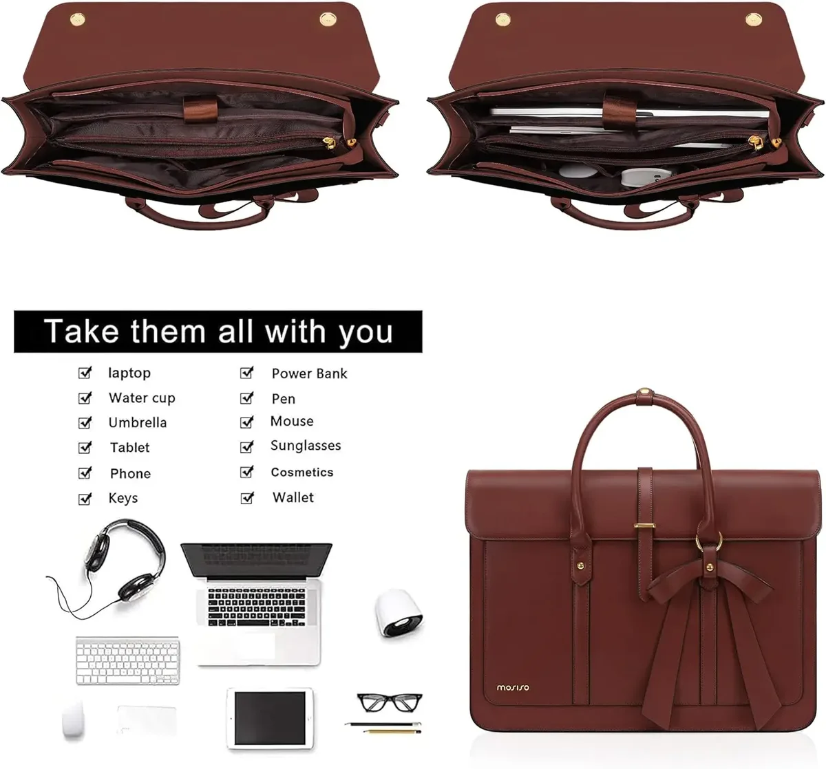 mosiso sac fourre-tout pour femme pour macbook 13 14 15 16 17.3 pouces ordinateur portable en cuir pu sac à bandoulière sac à dos sac à main double usage