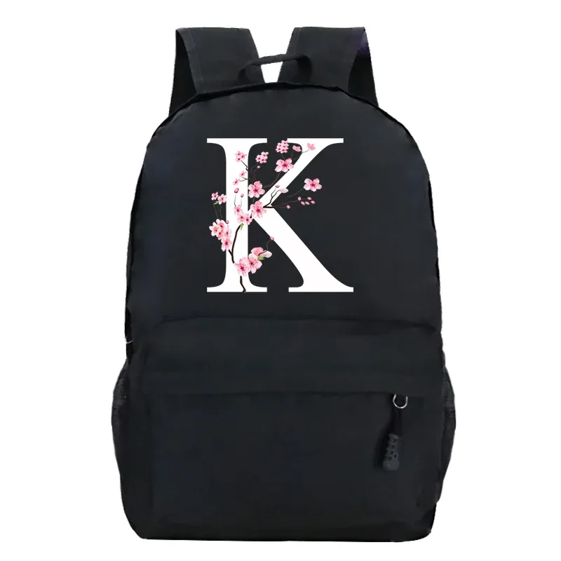sacs à dos d'école pour jeunes sakura fleur a-z alphabet grande capacité toile harajuku mode fermeture éclair esthétique épaules sacs noirs