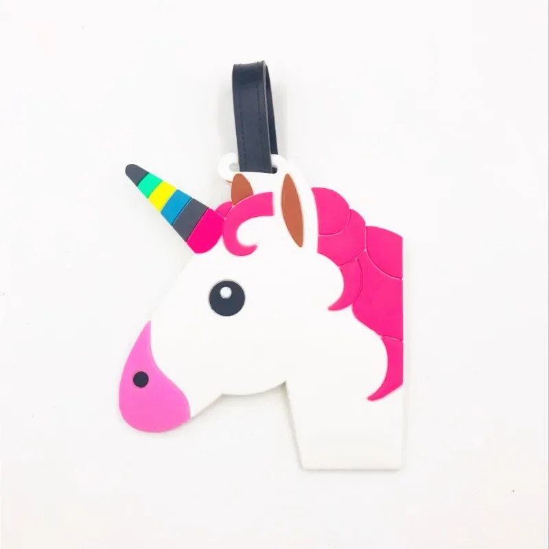 étiquette bagage plastique pvc silicone motifs dessin animé fruits animaux gâteaux licorne visages souriant coeurs avions rose blanc bleu vert jaune violet voyage