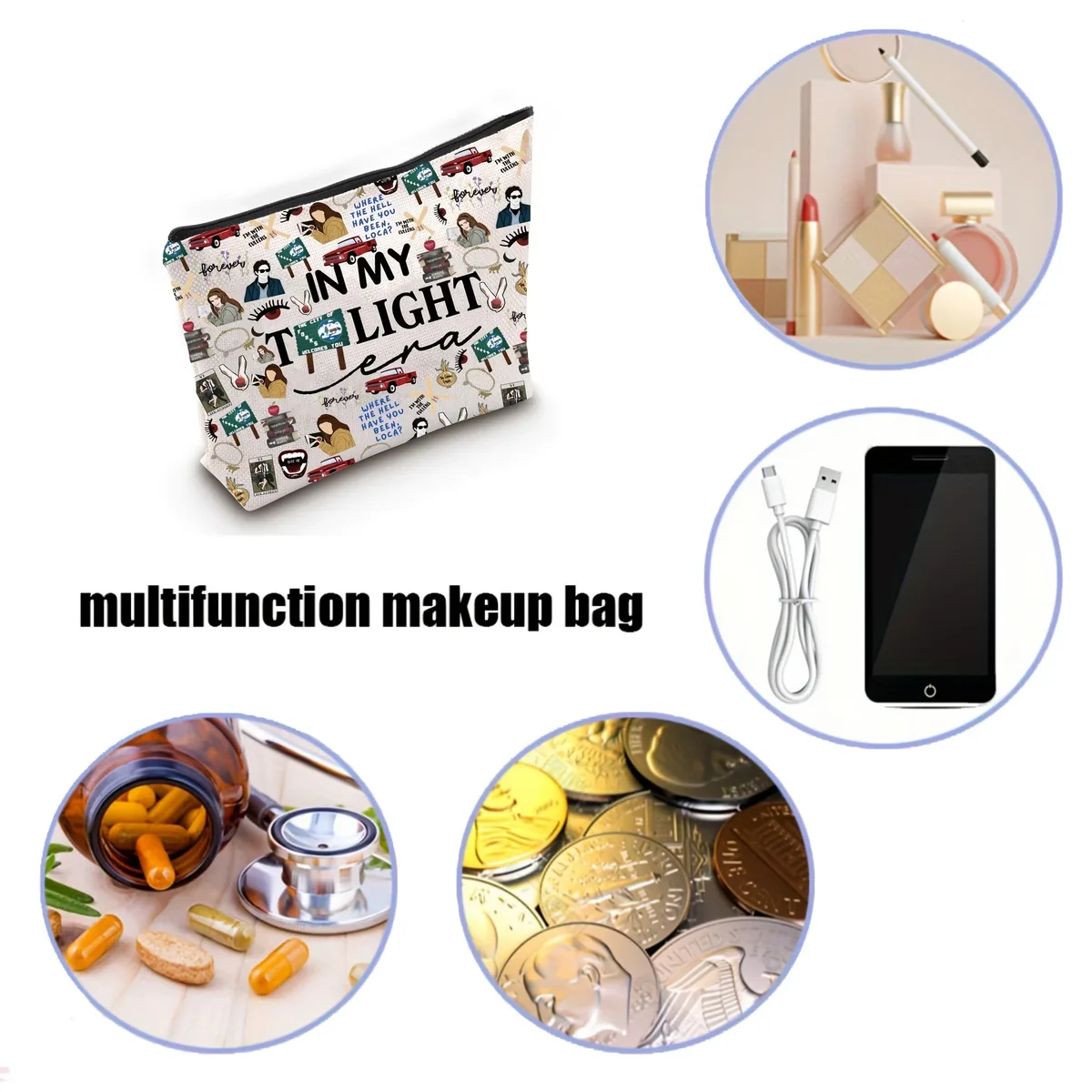 trousse polyester motifs rétro lettrages stylisés voitures livres accessoires beige petit format cosmétique voyage usage maquillage