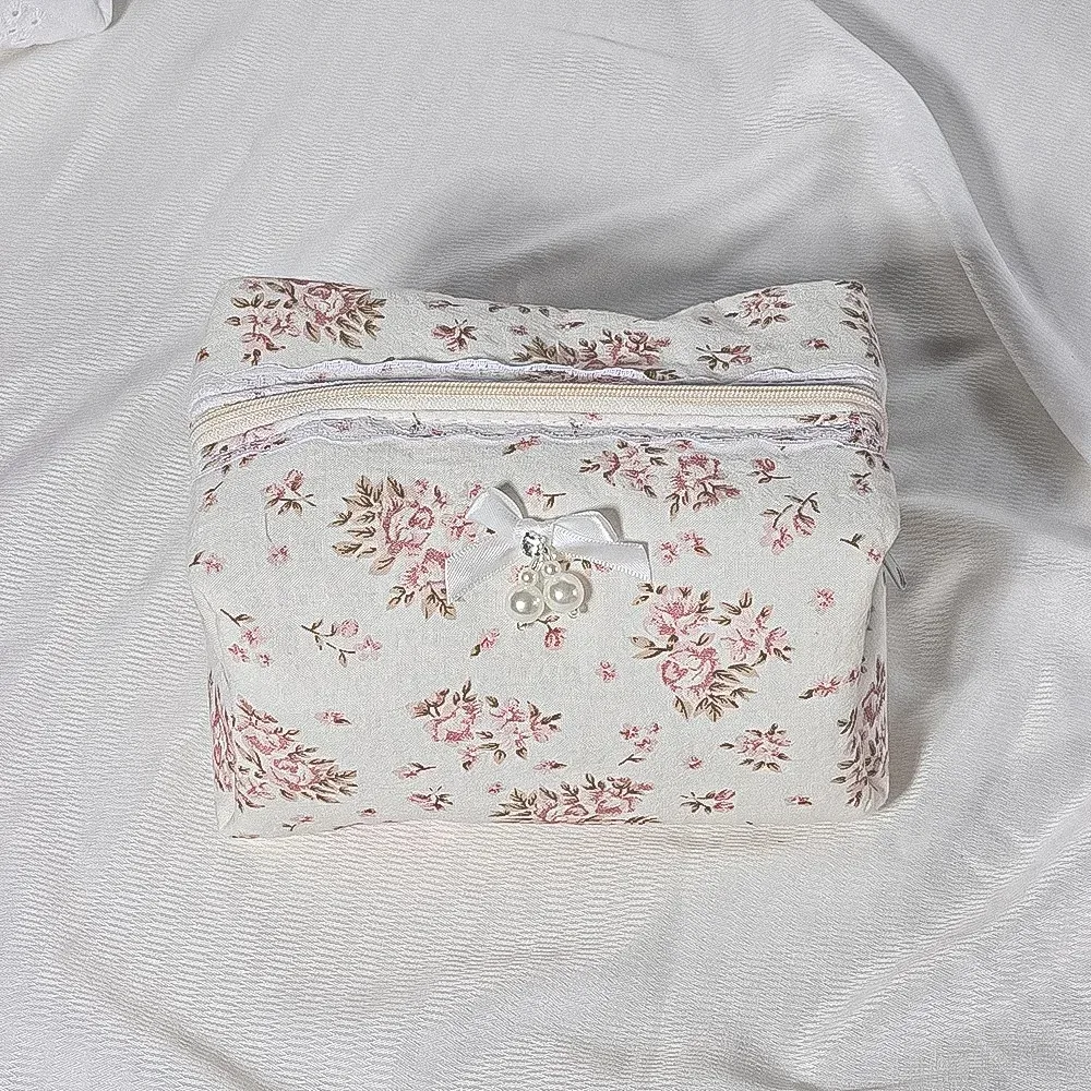 pochette cosmétique en dentelle de coton à nœud papillon floral, pochette de rangement portable pour rouge à lèvres, fermeture éclair, pour femmes, trousse de toilette de voyage