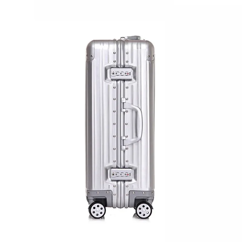 valise aluminium brillant argent robuste protections 360 degres roues silencieuses design professionnel bagage voyage trousse toile grande capacite