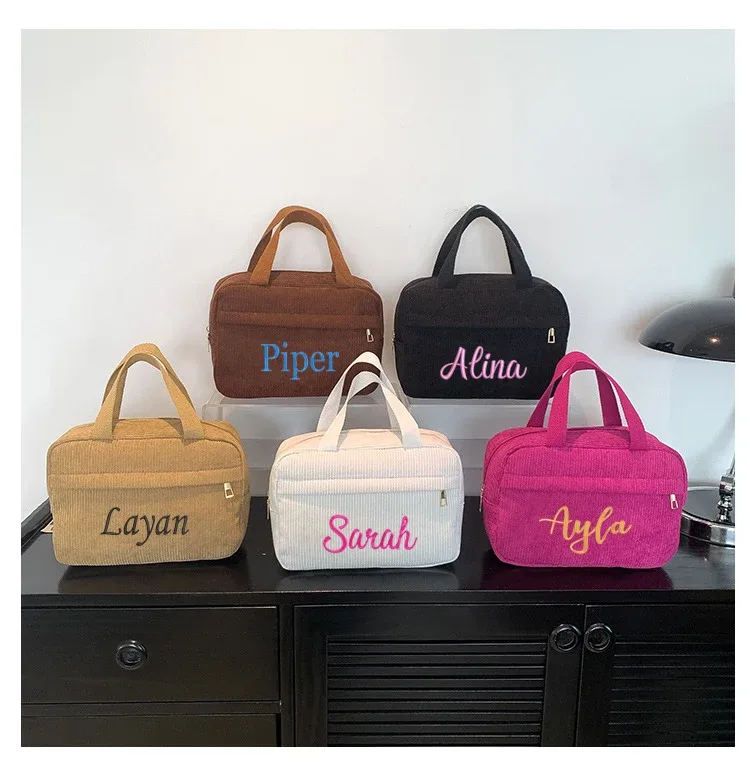 Sac de maquillage personnalisé en velours côtelé brodé, sac de rangement de voyage Portable multifonctionnel avec nom personnalisé, sac à main de loisirs