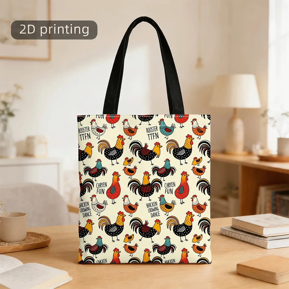 sac fourre-tout en toile esthétique avec motif d'animaux de la ferme, coq, poule et poussin colorés imprimés sur toute la surface, sac à main réutilisable pour femmes.
