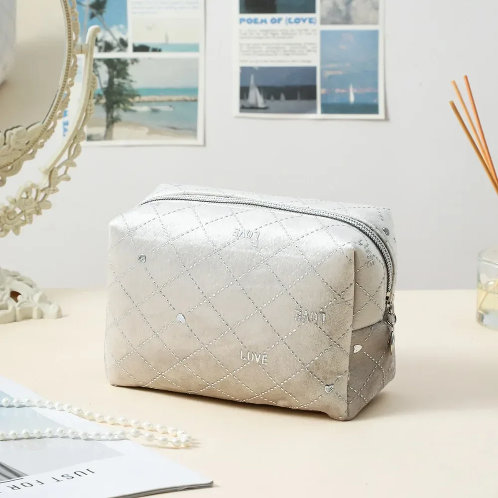 trousse de toilette en velours doux pour femme, sac cosmétique portable, motif étoile estampé à chaud, sac de rangement de maquillage avec fermeture éclair, haute qualité