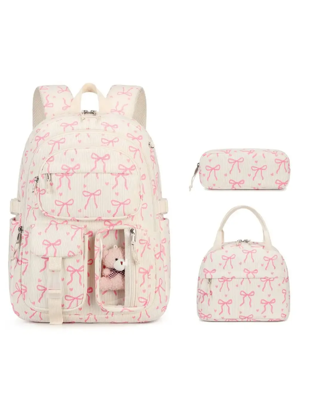 sac à dos scolaire en velours côtelé 3 pièces/ensemble avec sac à déjeuner et trousse à crayons, sac à dos mignon pour filles, sac à dos à motif fraise pour adolescentes et femmes