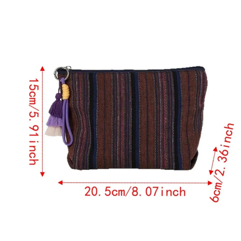 pochette de maquillage ethnique colorée à rayures avec fermeture éclair, sac de rangement de voyage, pendentif à franges, grande capacité, pochette de toilette