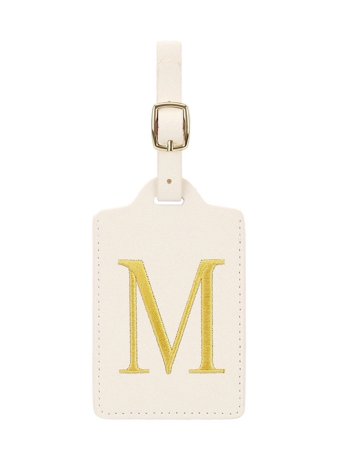 étiquette bagage polyester lettre dorée cuir blanc rectangulaire identification voyage unisexe alphabet fixation anneau métallique