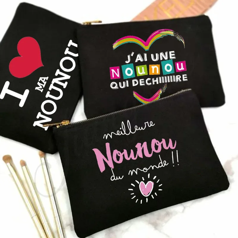 j'aime ma nounou, trousse de maquillage imprimée française, pochette de rangement de toilette de voyage, trousse à cosmétiques pour femmes, sacs à fermeture éclair, cadeau de remerciement pour nounou
