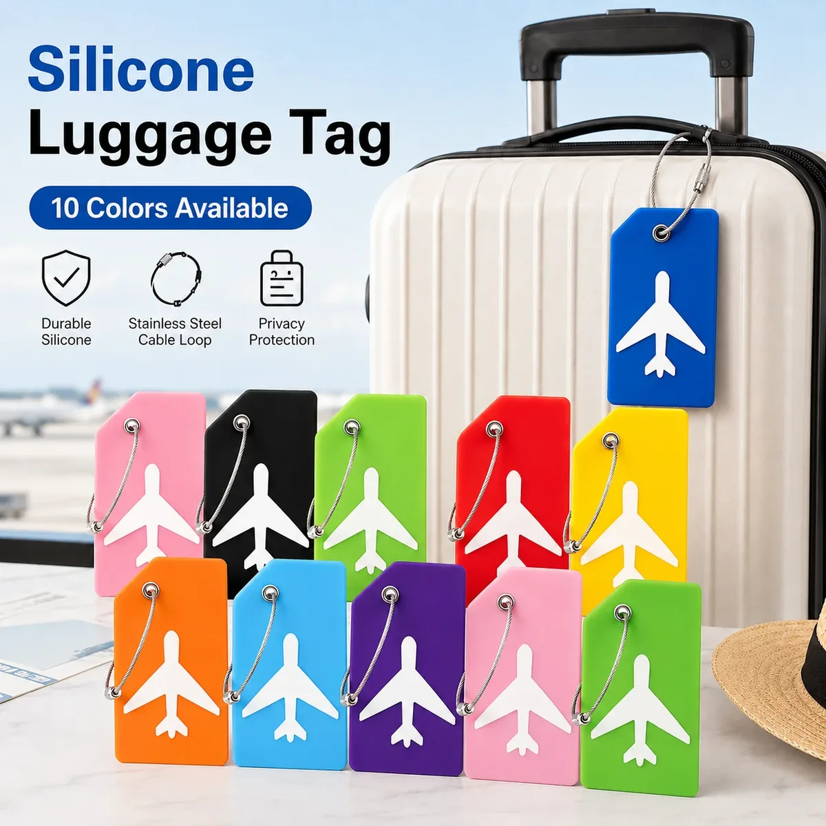 étiquette bagage silicone motif avion jaune orange bleu rouge noir vert rose voyage famille affaires identification valise nom adresse