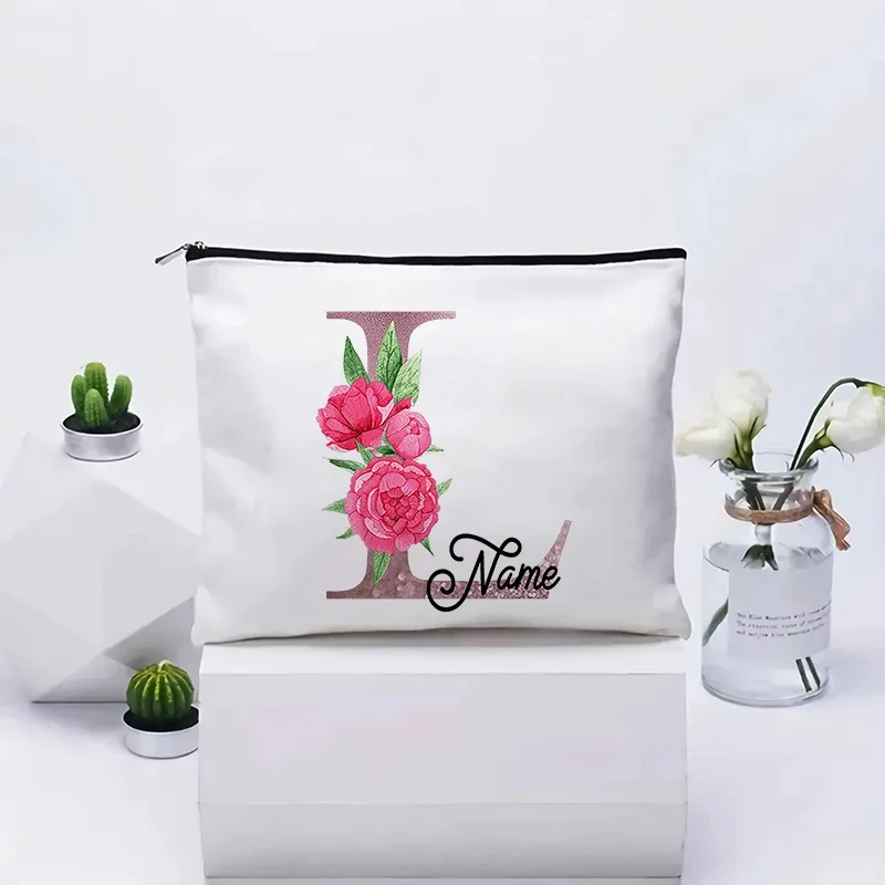 trousse de maquillage personnalisable avec prénom, cadeau de mariage, grande pochette en toile à fermeture éclair, motif floral pivoine, essentiels de voyage, maquillage
