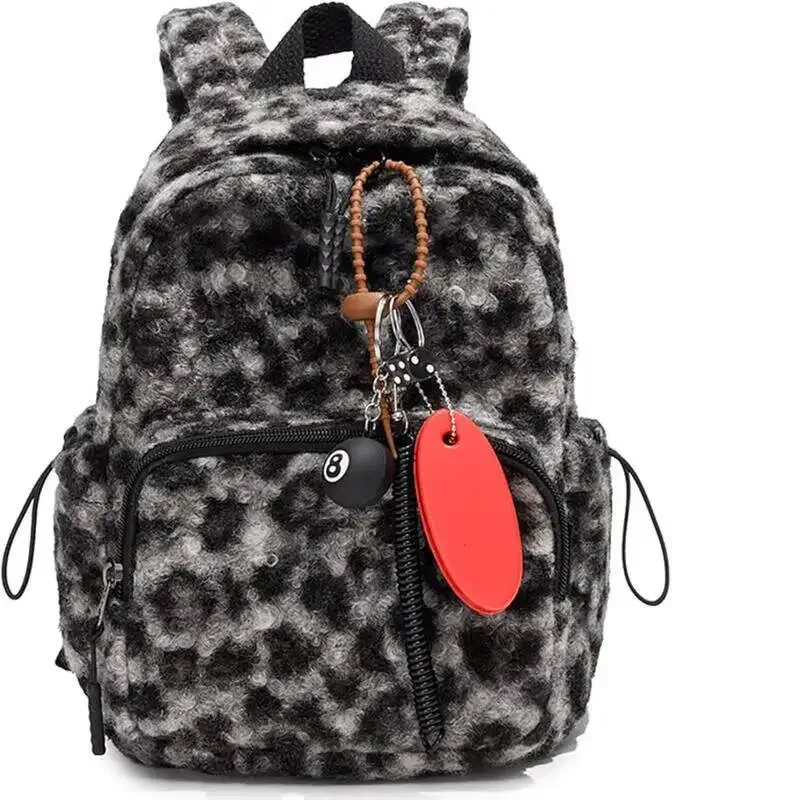 sac à dos en peluche, accessoires mignons, imprimé léopard, sacs à livres décontractés avec pendentif, petits sacs de jour de voyage, sac à bandoulière élégant multiple