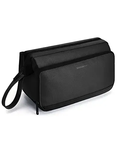 trousse polyester noir compartiments poches maille ouverture large rasage hygiène voyage cosmétiques organisation skincare