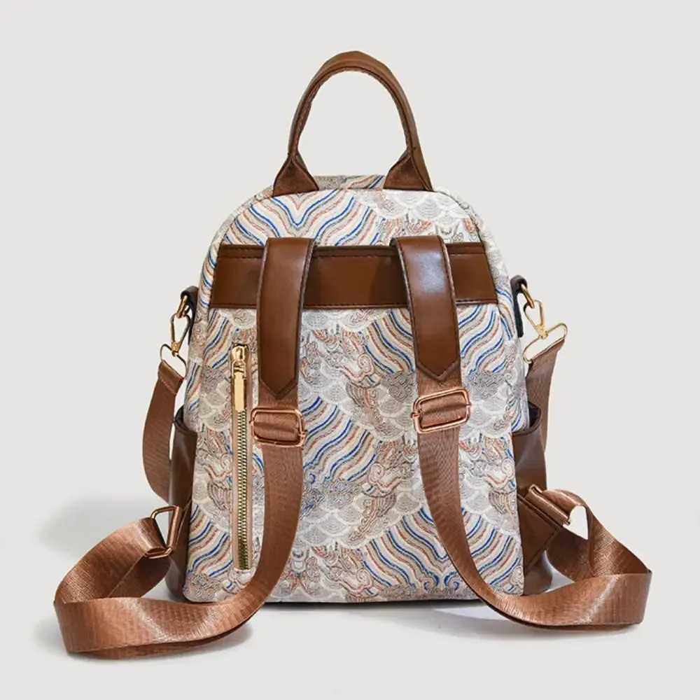 sac à dos décontracté pour femmes de grande capacité, en pu, style ethnique, sac à bandoulière polyvalent, avec poignée supérieure, broderie imprimée, mini sac à dos de voyage.
